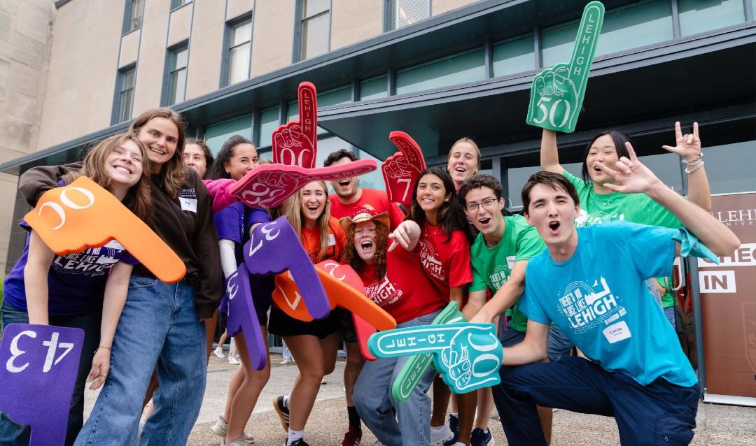 Class of 2029 is greeted by Orientation Leaders outside Iacocca Hall